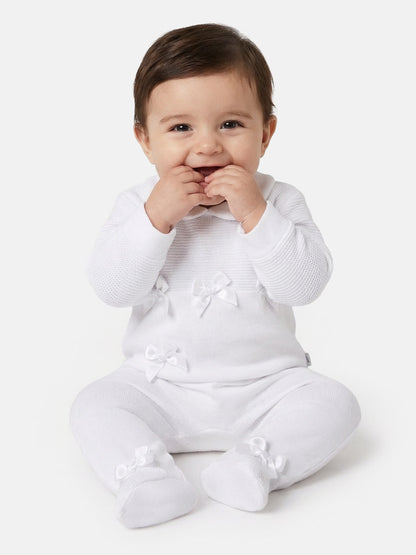 Baby Grow with Half-Knit Detail & 4 Satin Bows - White
