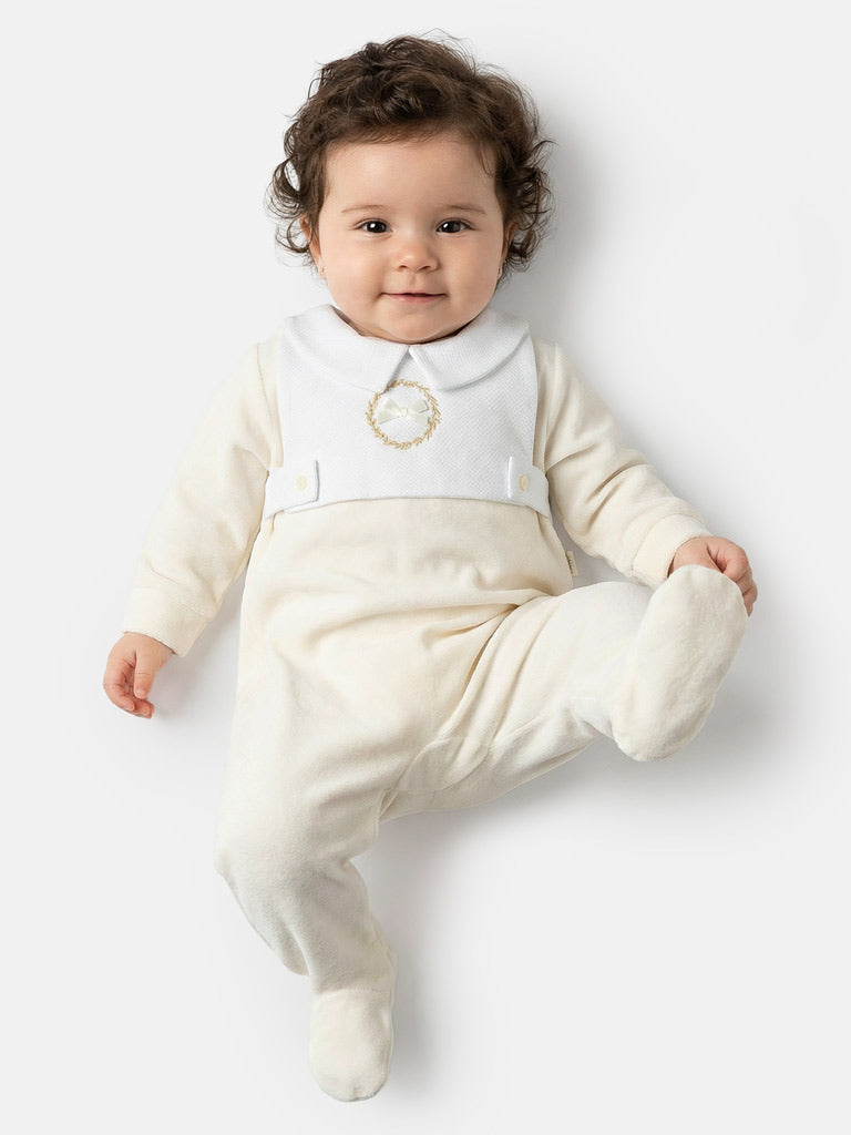 Velour Baby Grow with Peter Pan Collar & Wreath Embroidery - Ivory