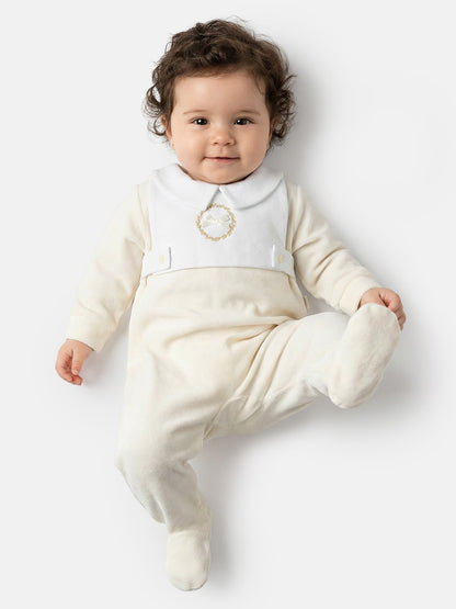 Velour Baby Grow with Peter Pan Collar & Wreath Embroidery - Ivory