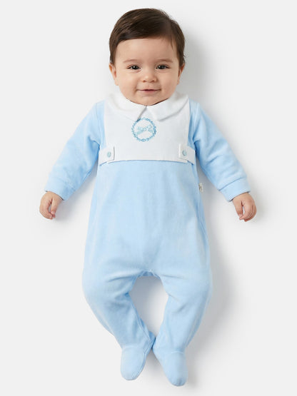 Velour Baby Grow with Peter Pan Collar & Wreath Embroidery - Baby Blue