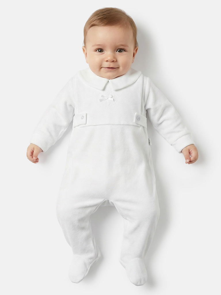 Velour Baby Grow with Peter Pan Collar & Wreath Embroidery - White