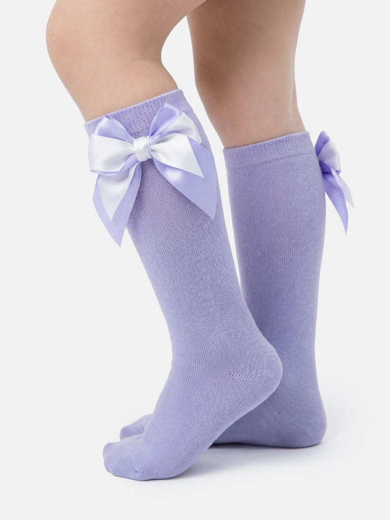 Baby Girl Knee Socks with Satin Double Bow - White & Lilac