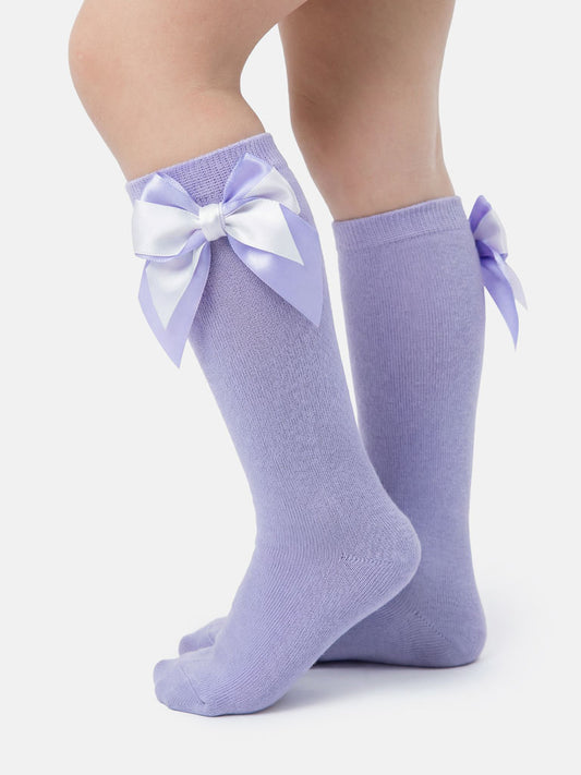 Baby Girl Knee Socks with Satin Double Bow - White & Lilac