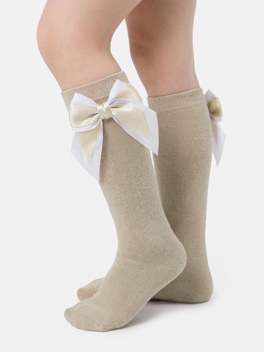 Baby Girl Knee Socks with Satin Double Bow - Beige & White