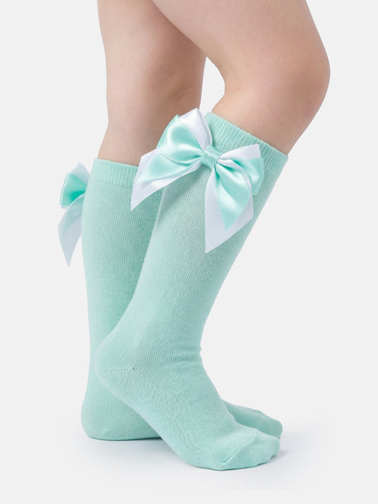 Baby Girl Knee Socks with Satin Double Bow - Mint Green & White