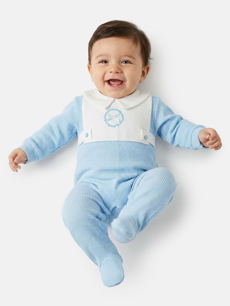 Cotton Baby Grow with Peter Pan Collar & Wreath Embroidery - Baby Blue