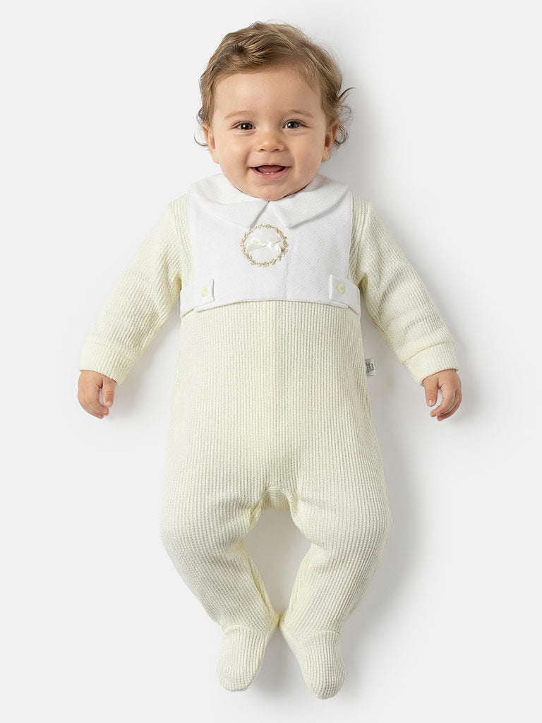 Cotton Baby Grow with Peter Pan Collar & Wreath Embroidery - Ivory