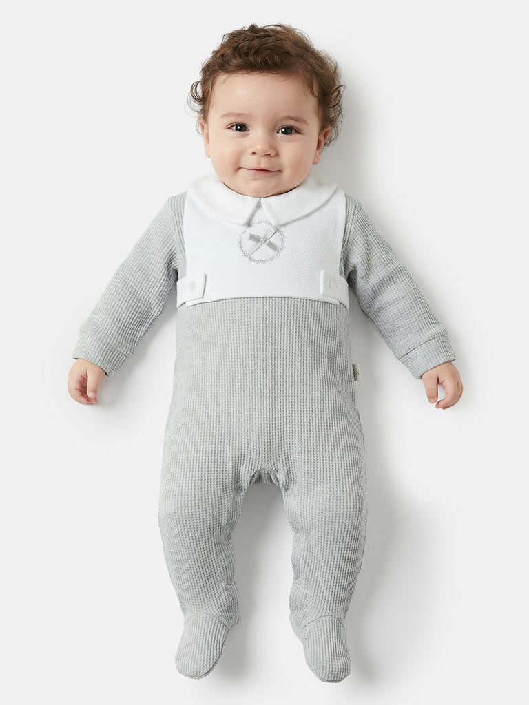 Cotton Baby Grow with Peter Pan Collar & Wreath Embroidery - Grey