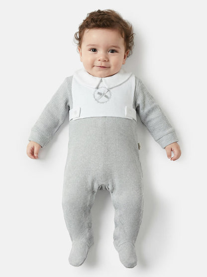 Cotton Baby Grow with Peter Pan Collar & Wreath Embroidery - Grey
