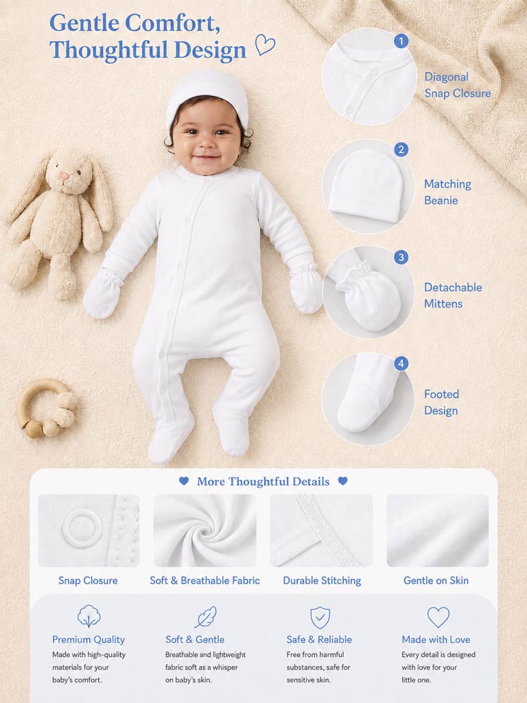 Baby Grow 5-Piece Cotton Set for Embroidery - White