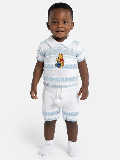 Baby Boy Pedro Collection 2-piece Knitted Set with Winnie Embroidery - White & Baby Blue